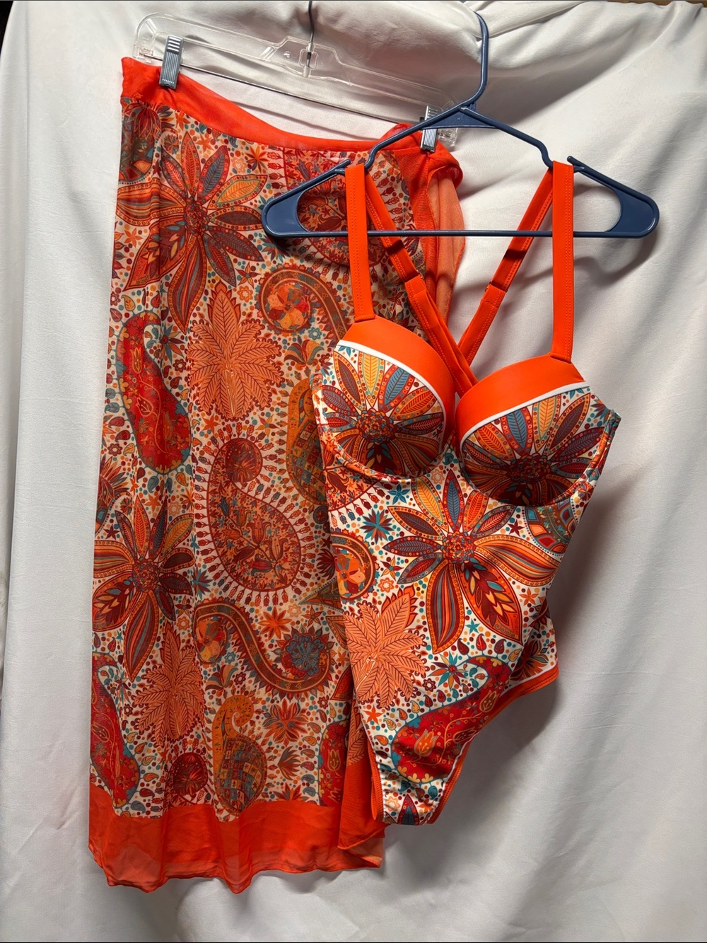 NEW- Orange Floral Paisley One-Piece Swimsuit with Matching Wrap